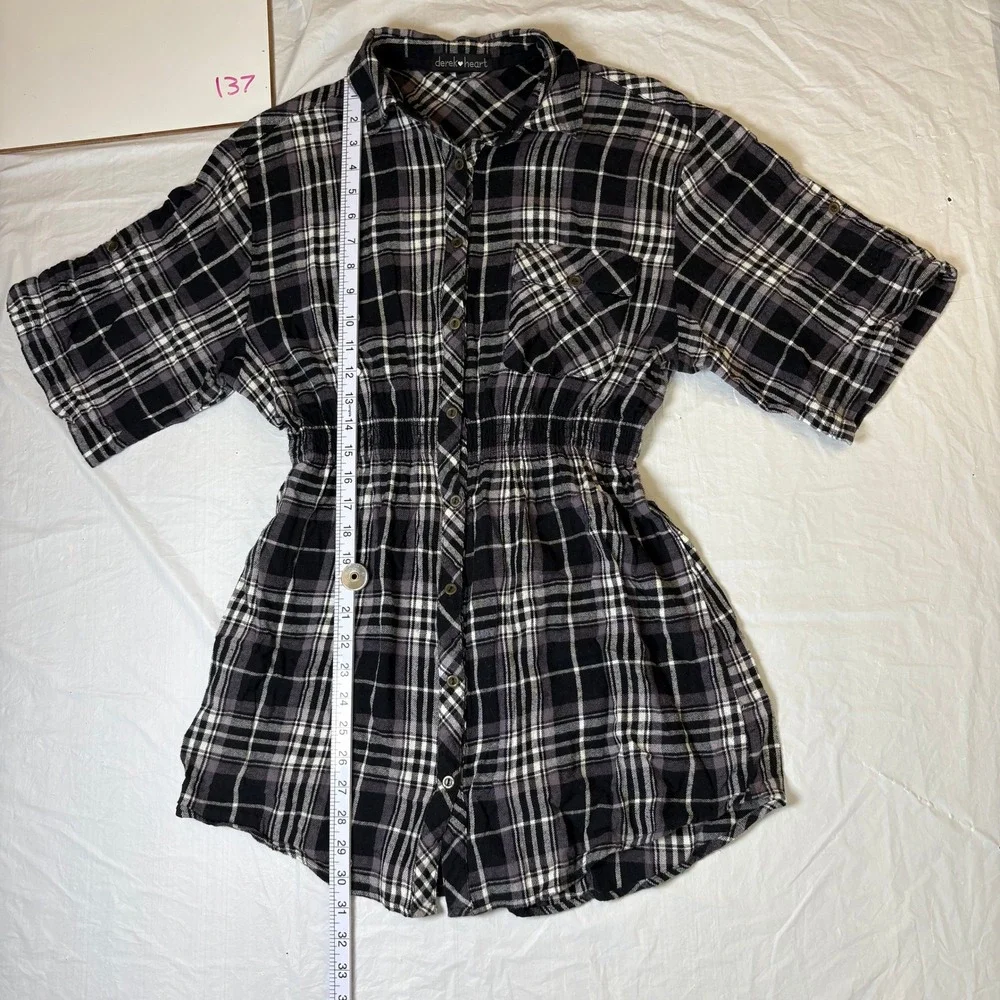 derek heart Black White Plaid flannel Button Front Shirtdress Womens L Y2K - Picture 2 of 7